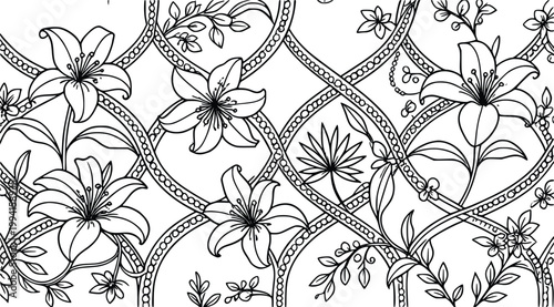 Floral pattern vector featuring elegant lilies and decorative interlocking curved chain elements for luxury textile design backgrounds in a sophisticated black and white line art