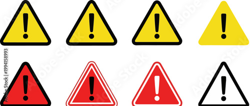 Warning exclamation mark icons set, yellow and red triangle hazard symbols, 8 flat vector caution signs for safety and alert notifications