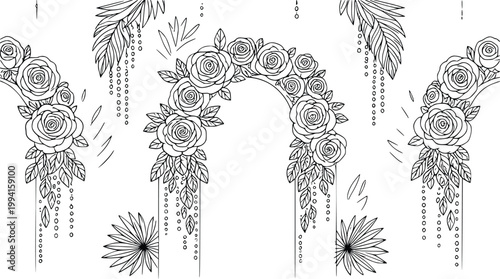 Decorative floral arch illustration with cascading beads and tropical leaves for wedding, event, and design projects
