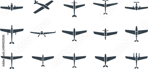 Collection of Dark Gray Airplane Silhouettes in Top and Side Views aircraft aviation