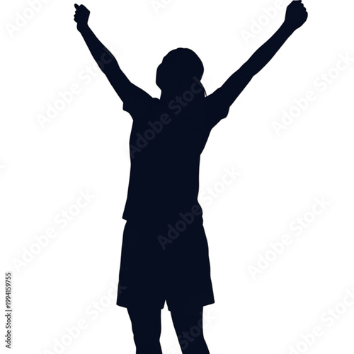 A person in a joyful stance with arms raised in a transparent background PNG image