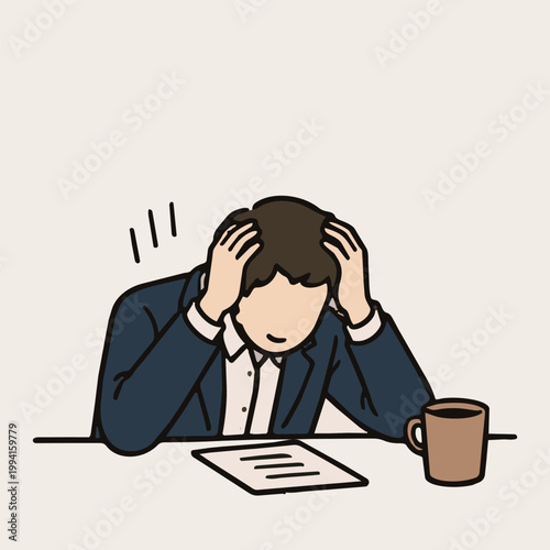 businessman stressed and overwhelmed paperwork problem office minimal line illustration