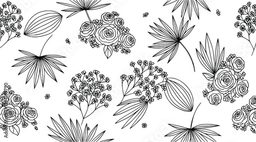 Seamless floral pattern vector illustration with hand-drawn roses, baby's breath and palm leaves in minimalist outline design
