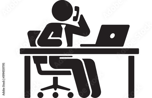 Multitasking Businessman Icon: Minimalist Office Worker Using Laptop and Phone