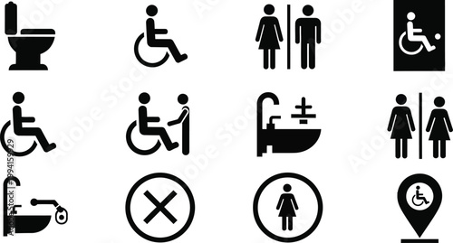 Collection of Public Restroom and Accessibility Icons in Black Silhouette Keywords: restroom icon, toilet icon, wheelchair icon, disabled icon