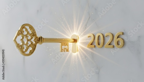 Ornate gold key unlocking the 2026 potential on marble wall for financial year 2026 concept, symbolizes success, future investment, and economic growth opportunities