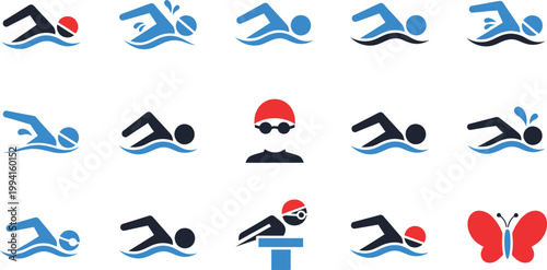 Collection of swimming icons and a butterfly on a white background swimmer sport