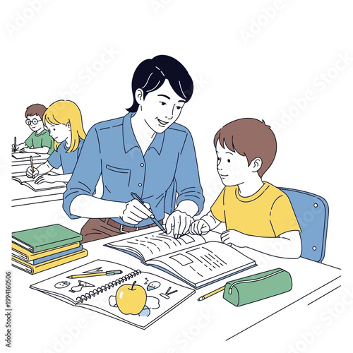 Teacher helping a young student learn.