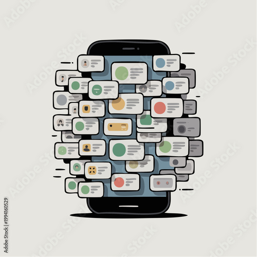 Notification Overload Concept Smartphone Digital Stress Minimal Flat Vector Illustration