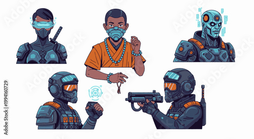 Authentic Futuristic Gaming Avatars and Diverse Cyber-Hero Character Icon Set, "Created with AI assistance and manually refined."