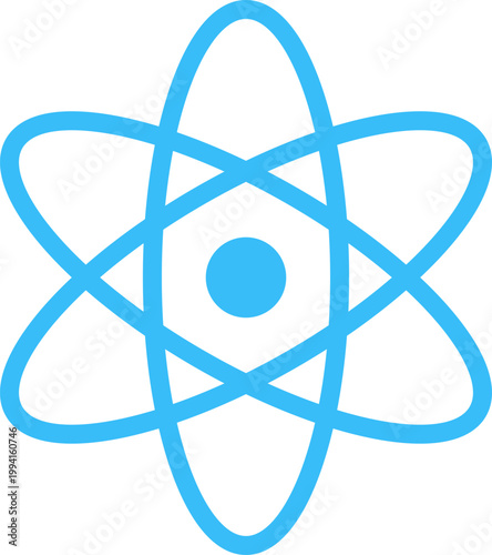 Blue atom symbol icon with nucleus and elliptical electron orbits isolated on a white background.