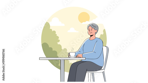 Senior Man Enjoying Coffee Outdoors, Relaxed Lifestyle Illustration