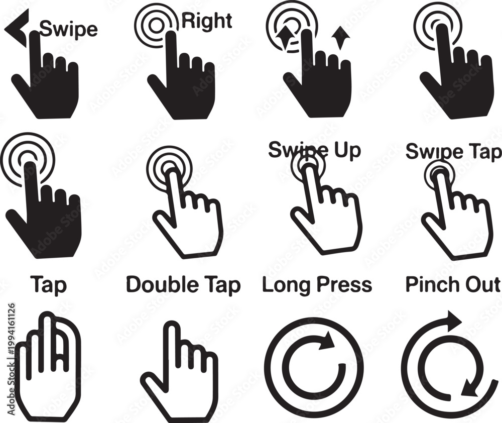 Fototapeta premium Mobile gesture icons, touchscreen actions, swipe tap symbols, hand cursor pointers