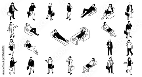 set of isometric business people icons showing characters working talking on the phone and relaxing on a therapy couch.