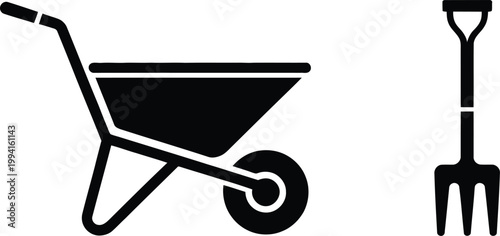 Gardening wheelbarrow and pitchfork icon with garden fork turning soil hay fork yard work black and white gardening wheelbarrow pitchfork equipment transport agriculture horticulture