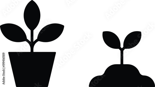 Plant growth icons seedling and potted plant black and white seedling new life beginnings agriculture gardening development horticulture vegetation sprouting germination propagation