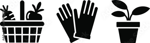 Gardening icons: basket of produce pair of gloves a potted plant black and white gardening horticulture agriculture illustration monochrome silhouette vegetables container