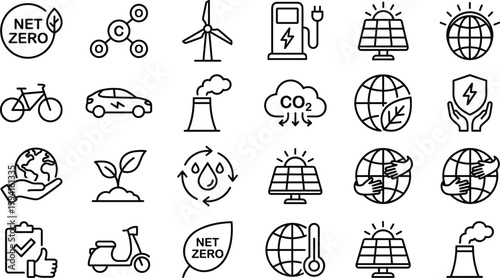Sustainable Energy and Net Zero Line Icon Set Featuring Renewable Power, Eco Technology, Electric Vehicles, Carbon Emission Reduction, and Environmental Protection Concepts