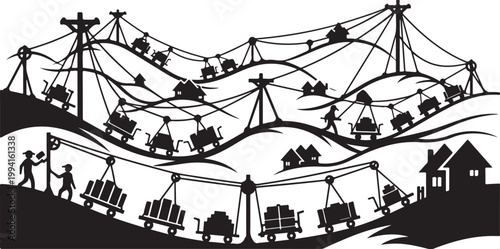 Ski Lift, Mountain Resort, Winter Sports, Silhouette Illustration, Black and White Vector