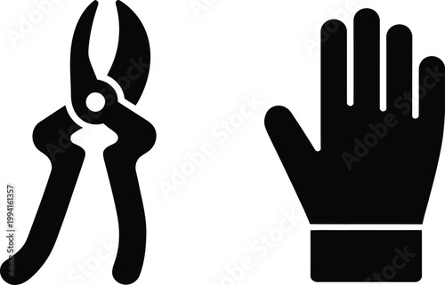 Gardening hand pruners and protective glove icon with plant care garden maintenance black and white yard work gardening secateurs clippers protection equipment horticulture silhouette