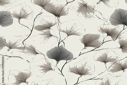 seamless pattern, flowing arrangement of leaves and thin roots, medium detail, smooth curves, evenly spaced elements, calm and natural aesthetic, light shading, clean background.