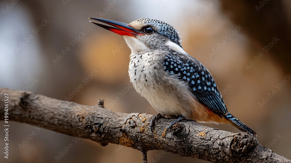 Fototapeta premium A small blue and red billed kingfisher with bright feathers perches on a wild branch in nature showing its sharp beak and wings