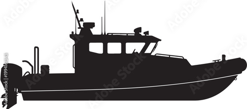 Black silhouette fishing boat, motorboat, speedboat, vector illustration