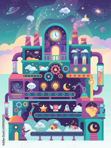 Complex factory processing space and sleep, mechanical art, purple and mint, subconscious concept