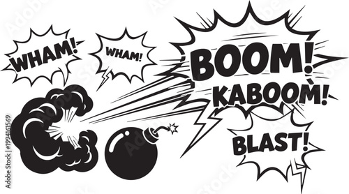 Comic Explosion Boom and Blast Sound Effect Vector Icon Set