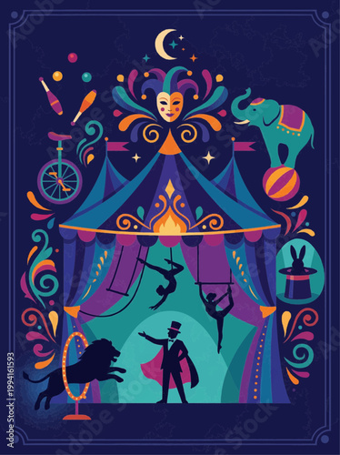 Ringmaster performing under circus tent, flat poster style, dark blue, entertainment concept