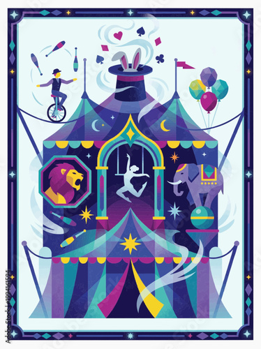 Performers entertaining at circus tent, flat vector, purple and teal, carnival show concept