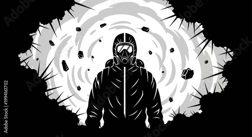 hazmat suit person standing in a swirling biohazard zone depicting environmental hazard and disaster response with themes of crisis and quarantine.