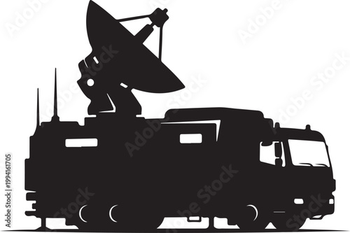 Satellite truck, communication vehicle, black silhouette, satellite dish, antenna