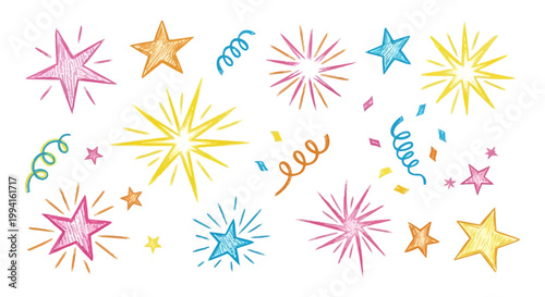 a vibrant set of hand-drawn crayon doodles with colorful stars bursts and confetti on white perfect for festive childrens party designs.