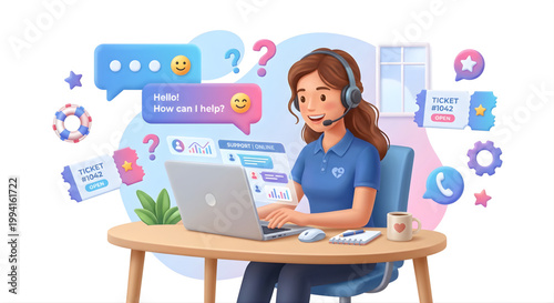 3D Female Customer Support Agent with Headset Assisting Clients