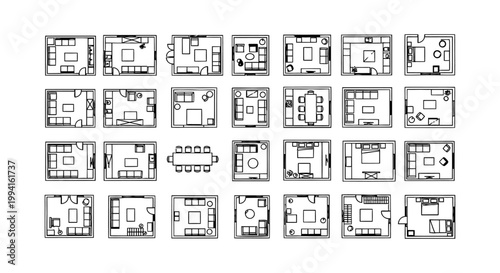 architectural floor plans and interior design furniture layout presented as top view cad symbols ideal for space planning.
