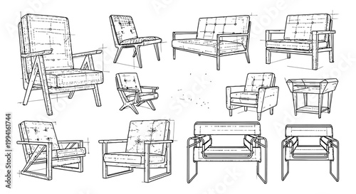 detailed line art of modern furniture designs showcasing various chairs sofas and a side table for interior design concepts