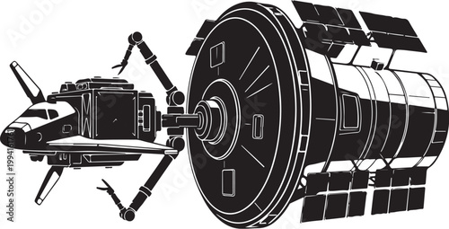 Space station, spacecraft, satellite, space shuttle, black and white vector illustration