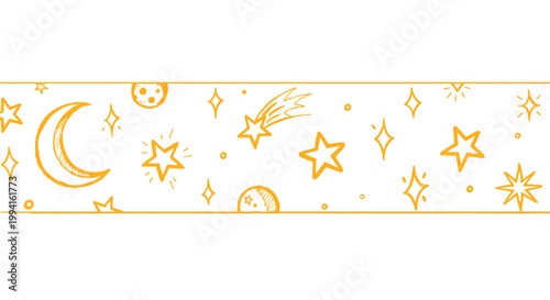 hand drawn yellow celestial doodles of stars moon and planets creating a whimsical banner design on a white background.