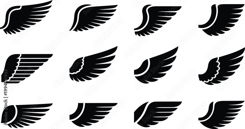 Fototapeta premium Set of black wing icons in various styles and sizes Keywords: wing, feather, bird wing, angel wing, eagle wing, falcon wing, hawk wing, wing icon