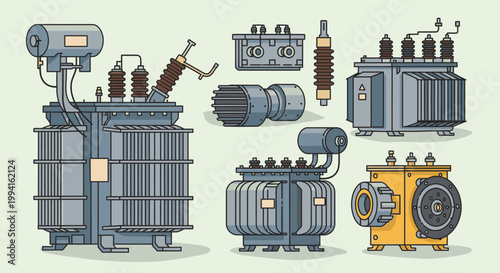 Set of Electrical Transformers and Power Equipment Illustrations - Industrial Energy Distribution Components Vector Art