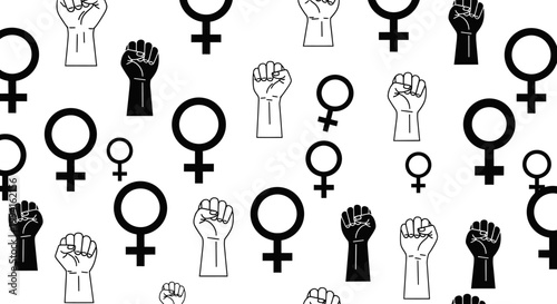 Feminist empowerment pattern with female gender symbols and raised fists.