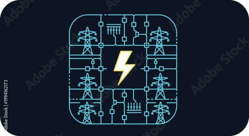 Electric power grid network icon with lightning bolt. Energy generation and distribution system concept. Digital electricity supply circuit.