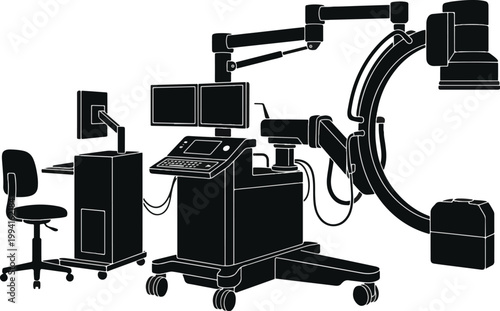 Neat and Clean Medical X-Ray Machine Silhouette with Control Panel, Dual Monitors, and Imaging Arm: Advanced Hospital Radiology Equipment Vector Illustration 2026