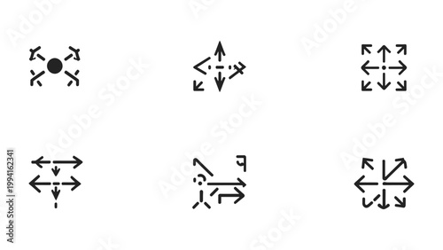 Arrows in Multiple Directions: A collection of directional arrow symbols pointing outward from a central point, illustrating concepts of expansion, growth, or diverse paths.