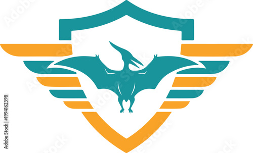 Pterodactyl shield logo with wings, symbolizing freedom and ancient flight for your brand.