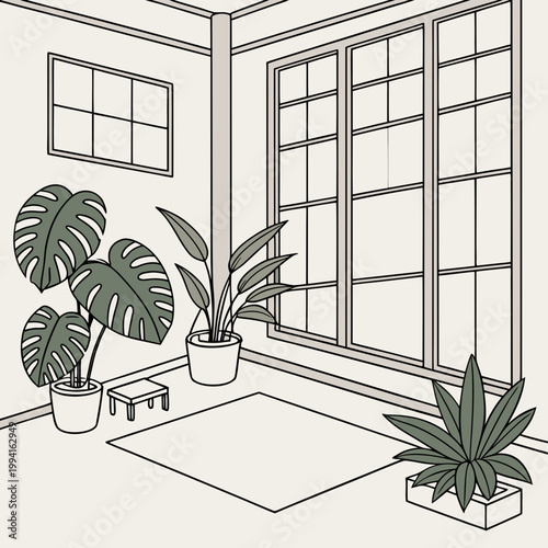 Minimalist line art interior illustration of a sunlit room with large and lush potted houseplants including monstera deliciosa interior monstera minimalist illustration houseplant decoration