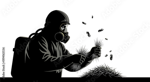 hazmat suit worker carefully processing sharp hazardous objects and crystals symbolizing danger protection and challenging situations.