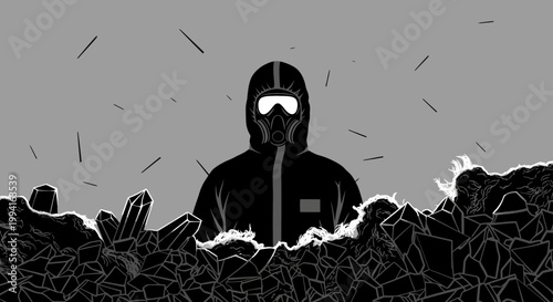 hazmat suit and gas mask worker in hazardous environment highlighting environmental protection and chemical contamination.