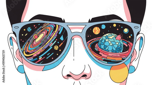 A person wearing colorful glasses with a vibrant galaxy reflected in the lenses on white background.